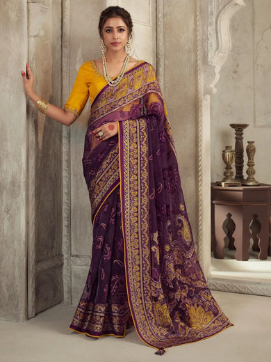 Spectacular Purple Brasso Work Organza Function Wear Saree
